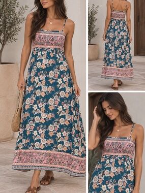 Floral Maxi Sundress in Teal and Pink - Women Dresses